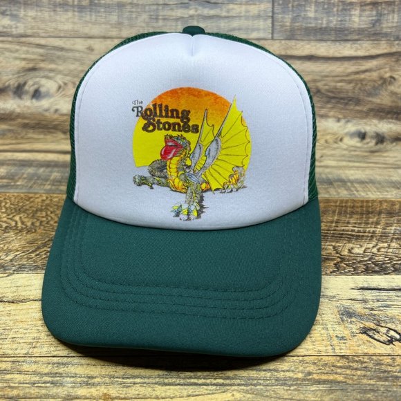 Rolling Stones Mens Trucker Hat Green Snapback World Tour Dragon 1978 Ball Cap - Picture 2 of 8